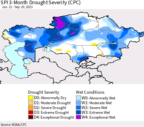 Kazakhstan SPI 3-Month Drought Severity (CPC) Thematic Map For 6/21/2023 - 9/20/2023