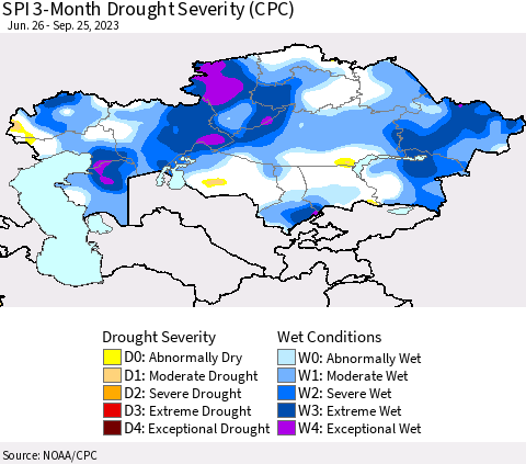 Kazakhstan SPI 3-Month Drought Severity (CPC) Thematic Map For 6/26/2023 - 9/25/2023