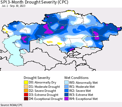 Kazakhstan SPI 3-Month Drought Severity (CPC) Thematic Map For 7/1/2023 - 9/30/2023