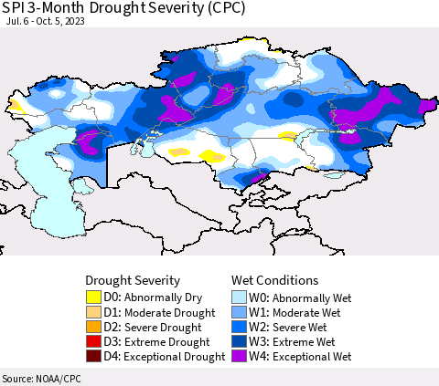 Kazakhstan SPI 3-Month Drought Severity (CPC) Thematic Map For 7/6/2023 - 10/5/2023