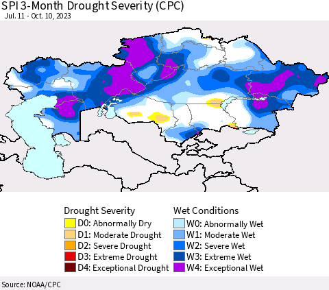 Kazakhstan SPI 3-Month Drought Severity (CPC) Thematic Map For 7/11/2023 - 10/10/2023