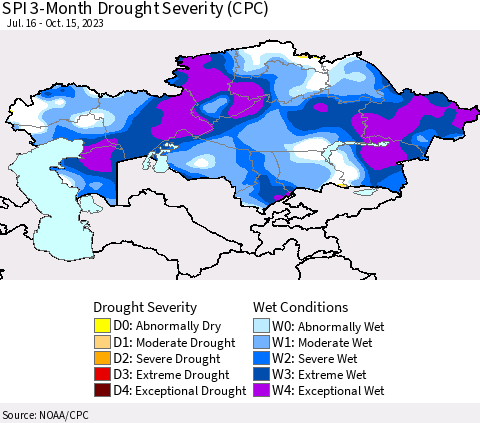 Kazakhstan SPI 3-Month Drought Severity (CPC) Thematic Map For 7/16/2023 - 10/15/2023