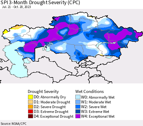 Kazakhstan SPI 3-Month Drought Severity (CPC) Thematic Map For 7/21/2023 - 10/20/2023