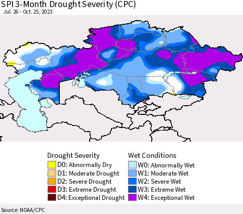 Kazakhstan SPI 3-Month Drought Severity (CPC) Thematic Map For 7/26/2023 - 10/25/2023