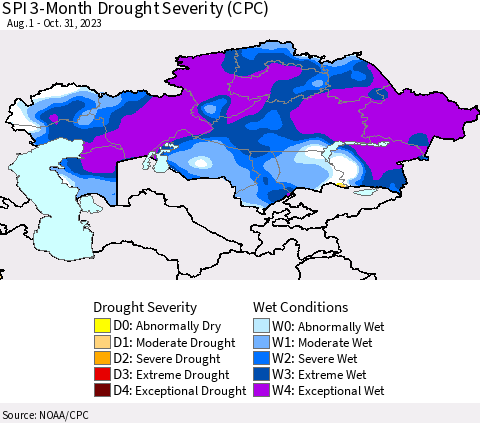Kazakhstan SPI 3-Month Drought Severity (CPC) Thematic Map For 8/1/2023 - 10/31/2023