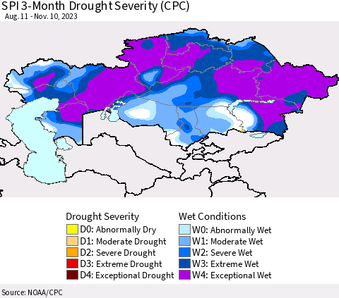 Kazakhstan SPI 3-Month Drought Severity (CPC) Thematic Map For 8/11/2023 - 11/10/2023