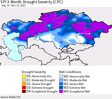 Kazakhstan SPI 3-Month Drought Severity (CPC) Thematic Map For 8/16/2023 - 11/15/2023