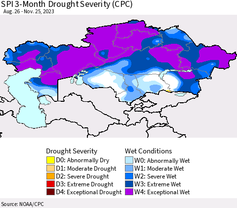 Kazakhstan SPI 3-Month Drought Severity (CPC) Thematic Map For 8/26/2023 - 11/25/2023