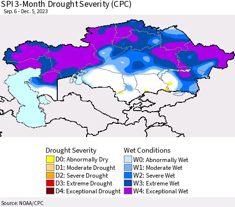 Kazakhstan SPI 3-Month Drought Severity (CPC) Thematic Map For 9/6/2023 - 12/5/2023