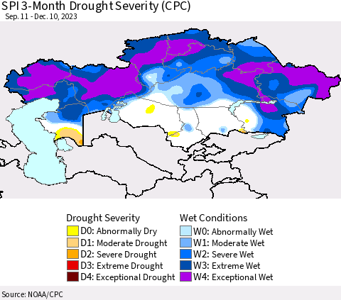 Kazakhstan SPI 3-Month Drought Severity (CPC) Thematic Map For 9/11/2023 - 12/10/2023
