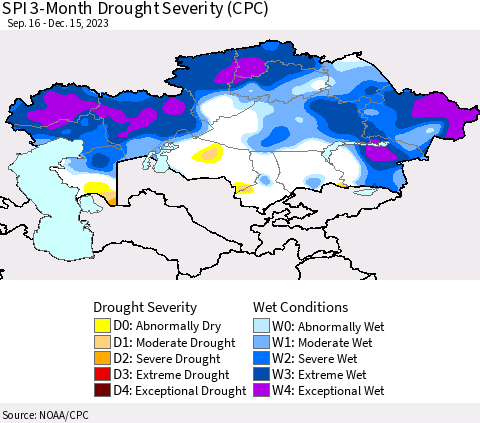 Kazakhstan SPI 3-Month Drought Severity (CPC) Thematic Map For 9/16/2023 - 12/15/2023