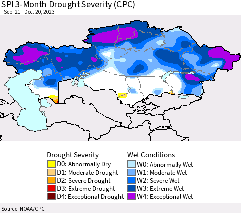 Kazakhstan SPI 3-Month Drought Severity (CPC) Thematic Map For 9/21/2023 - 12/20/2023