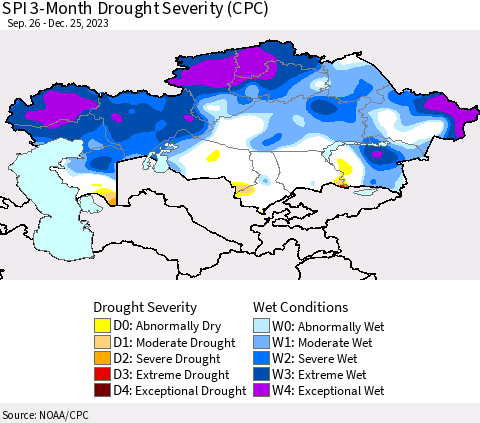 Kazakhstan SPI 3-Month Drought Severity (CPC) Thematic Map For 9/26/2023 - 12/25/2023