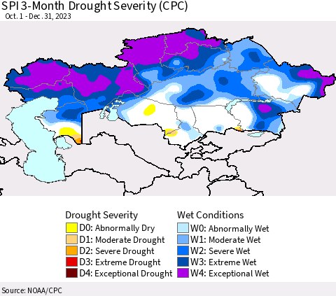 Kazakhstan SPI 3-Month Drought Severity (CPC) Thematic Map For 10/1/2023 - 12/31/2023