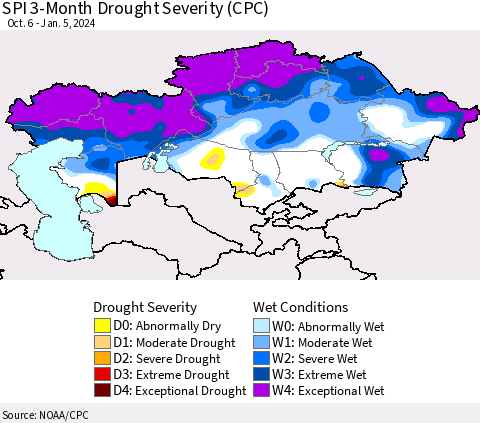 Kazakhstan SPI 3-Month Drought Severity (CPC) Thematic Map For 10/6/2023 - 1/5/2024
