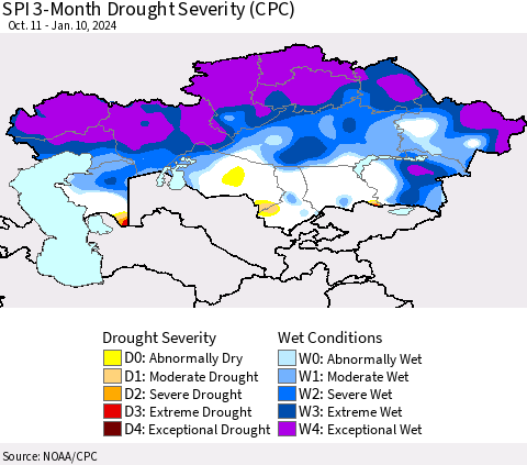 Kazakhstan SPI 3-Month Drought Severity (CPC) Thematic Map For 10/11/2023 - 1/10/2024