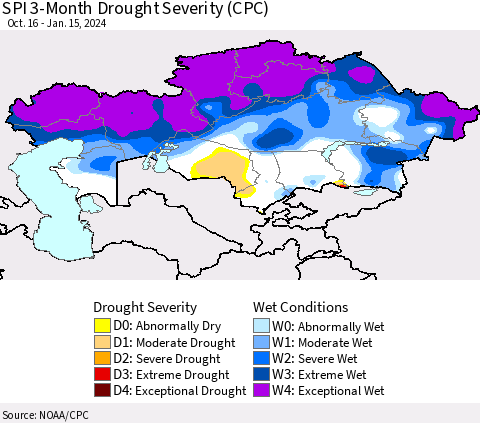Kazakhstan SPI 3-Month Drought Severity (CPC) Thematic Map For 10/16/2023 - 1/15/2024