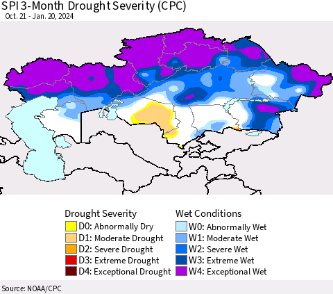 Kazakhstan SPI 3-Month Drought Severity (CPC) Thematic Map For 10/21/2023 - 1/20/2024