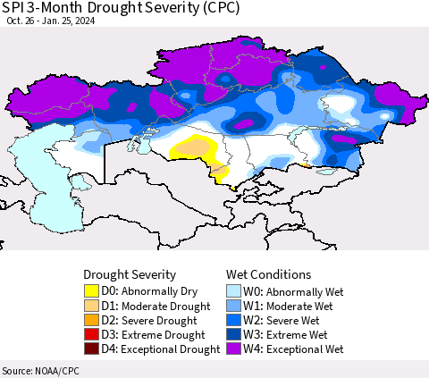 Kazakhstan SPI 3-Month Drought Severity (CPC) Thematic Map For 10/26/2023 - 1/25/2024