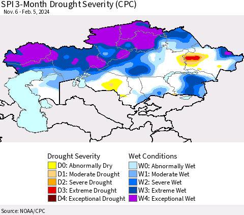 Kazakhstan SPI 3-Month Drought Severity (CPC) Thematic Map For 11/6/2023 - 2/5/2024