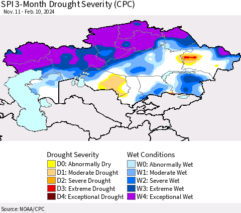 Kazakhstan SPI 3-Month Drought Severity (CPC) Thematic Map For 11/11/2023 - 2/10/2024