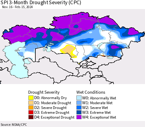 Kazakhstan SPI 3-Month Drought Severity (CPC) Thematic Map For 11/16/2023 - 2/15/2024