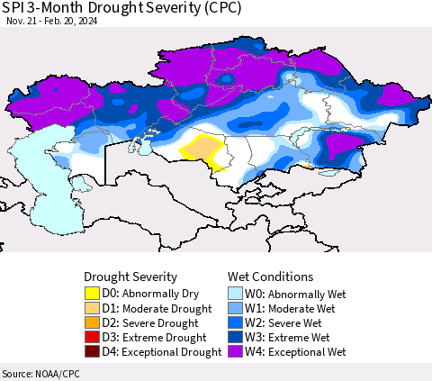 Kazakhstan SPI 3-Month Drought Severity (CPC) Thematic Map For 11/21/2023 - 2/20/2024