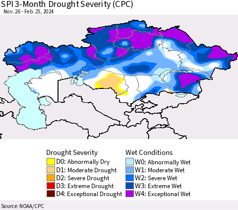 Kazakhstan SPI 3-Month Drought Severity (CPC) Thematic Map For 11/26/2023 - 2/25/2024