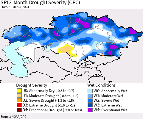 Kazakhstan SPI 3-Month Drought Severity (CPC) Thematic Map For 12/6/2023 - 3/5/2024