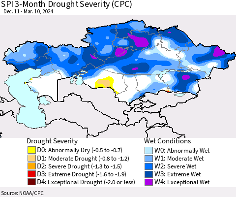 Kazakhstan SPI 3-Month Drought Severity (CPC) Thematic Map For 12/11/2023 - 3/10/2024