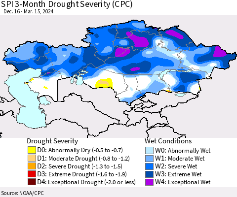 Kazakhstan SPI 3-Month Drought Severity (CPC) Thematic Map For 12/16/2023 - 3/15/2024