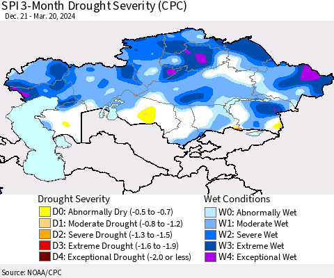 Kazakhstan SPI 3-Month Drought Severity (CPC) Thematic Map For 12/21/2023 - 3/20/2024
