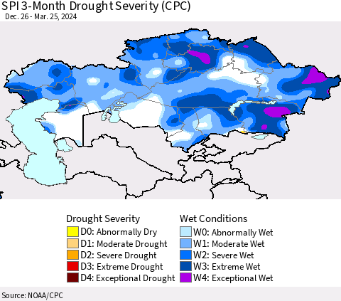 Kazakhstan SPI 3-Month Drought Severity (CPC) Thematic Map For 12/26/2023 - 3/25/2024