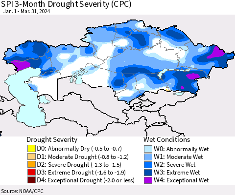 Kazakhstan SPI 3-Month Drought Severity (CPC) Thematic Map For 1/1/2024 - 3/31/2024