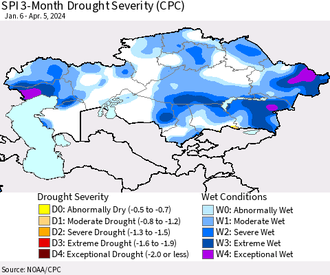 Kazakhstan SPI 3-Month Drought Severity (CPC) Thematic Map For 1/6/2024 - 4/5/2024