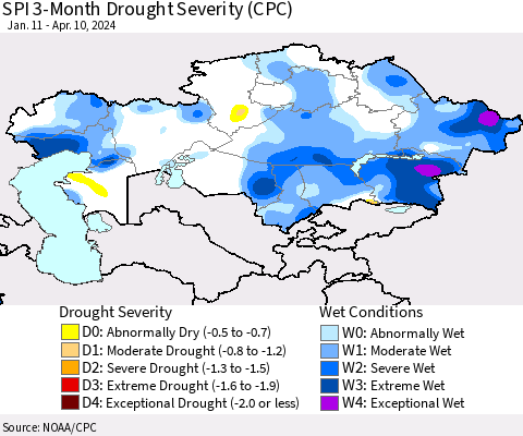 Kazakhstan SPI 3-Month Drought Severity (CPC) Thematic Map For 1/11/2024 - 4/10/2024