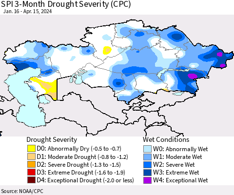 Kazakhstan SPI 3-Month Drought Severity (CPC) Thematic Map For 1/16/2024 - 4/15/2024