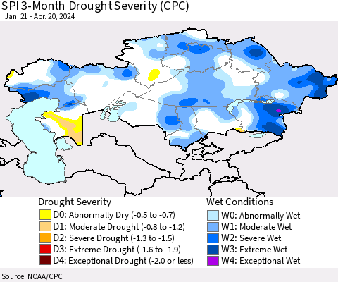Kazakhstan SPI 3-Month Drought Severity (CPC) Thematic Map For 1/21/2024 - 4/20/2024