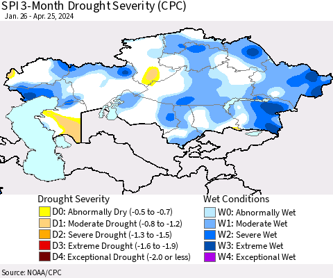 Kazakhstan SPI 3-Month Drought Severity (CPC) Thematic Map For 1/26/2024 - 4/25/2024