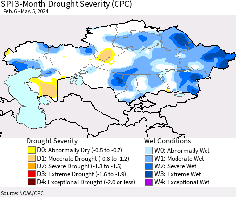 Kazakhstan SPI 3-Month Drought Severity (CPC) Thematic Map For 2/6/2024 - 5/5/2024