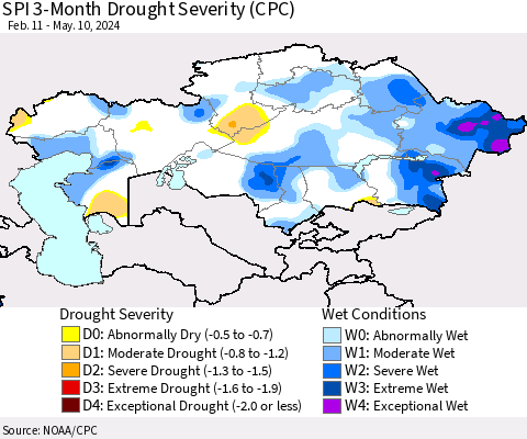 Kazakhstan SPI 3-Month Drought Severity (CPC) Thematic Map For 2/11/2024 - 5/10/2024