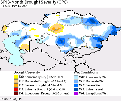 Kazakhstan SPI 3-Month Drought Severity (CPC) Thematic Map For 2/16/2024 - 5/15/2024