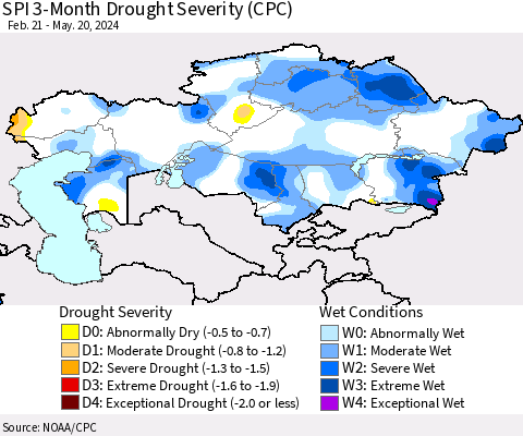 Kazakhstan SPI 3-Month Drought Severity (CPC) Thematic Map For 2/21/2024 - 5/20/2024