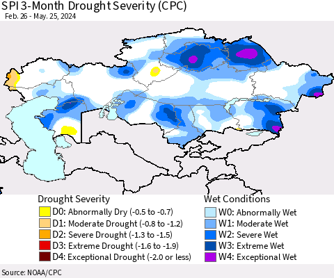 Kazakhstan SPI 3-Month Drought Severity (CPC) Thematic Map For 2/26/2024 - 5/25/2024