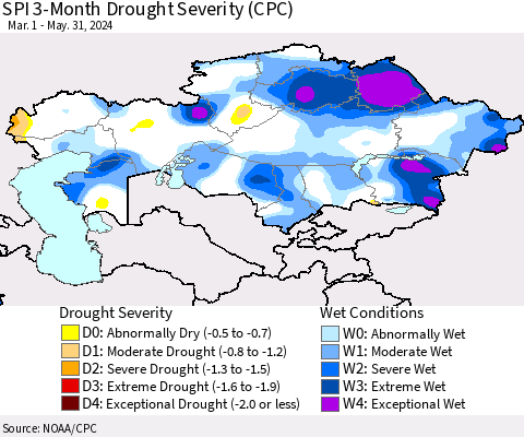 Kazakhstan SPI 3-Month Drought Severity (CPC) Thematic Map For 3/1/2024 - 5/31/2024