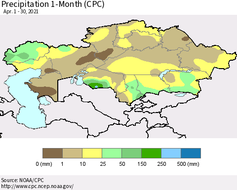 Kazakhstan Precipitation 1-Month (CPC) Thematic Map For 4/1/2021 - 4/30/2021