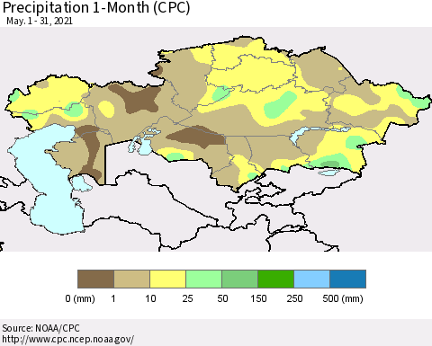 Kazakhstan Precipitation 1-Month (CPC) Thematic Map For 5/1/2021 - 5/31/2021