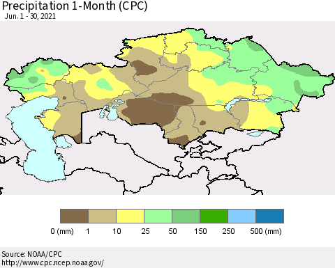 Kazakhstan Precipitation 1-Month (CPC) Thematic Map For 6/1/2021 - 6/30/2021