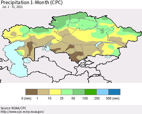 Kazakhstan Precipitation 1-Month (CPC) Thematic Map For 7/1/2021 - 7/31/2021