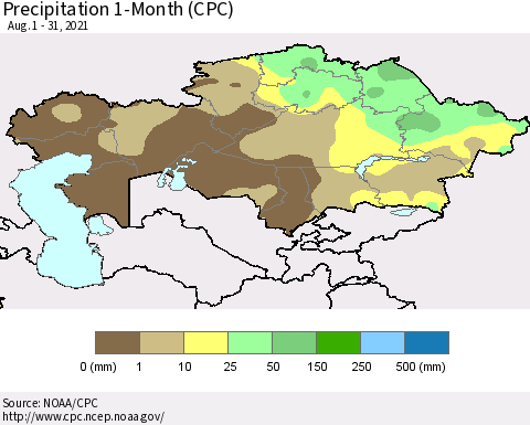 Kazakhstan Precipitation 1-Month (CPC) Thematic Map For 8/1/2021 - 8/31/2021